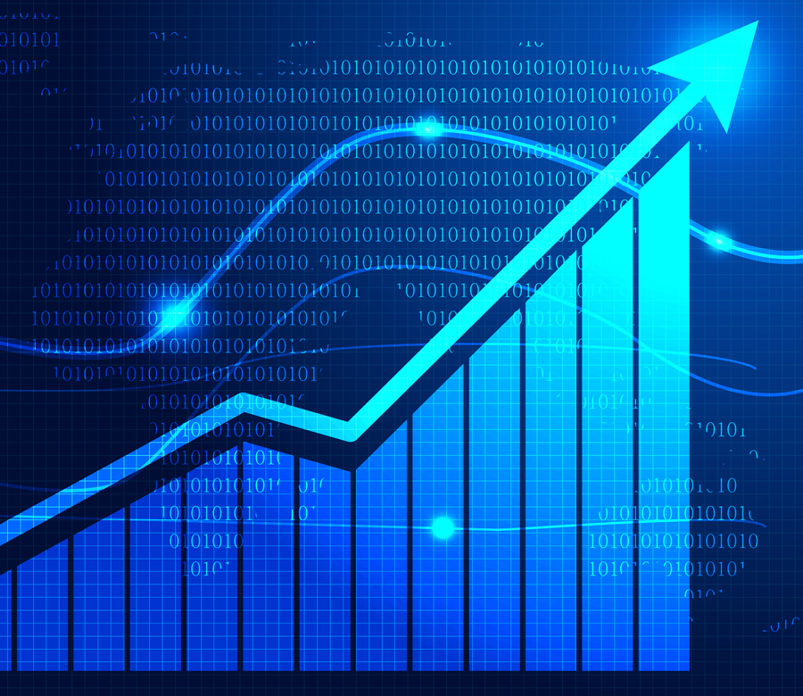 Increasing line graph with binary code in the background.